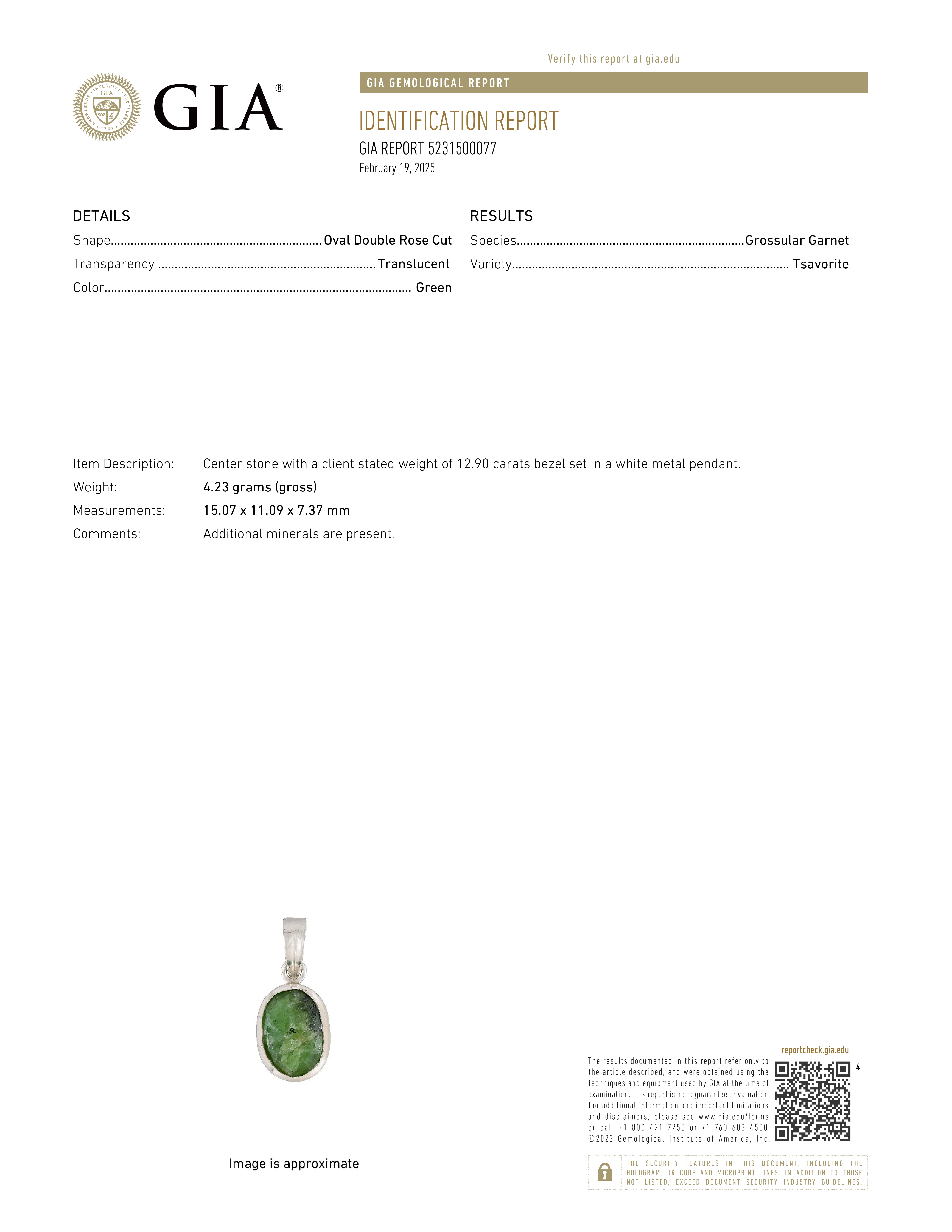 Natural Tsavorite with Silver Metal Pendent 12.90 ct GIA # 5231500077