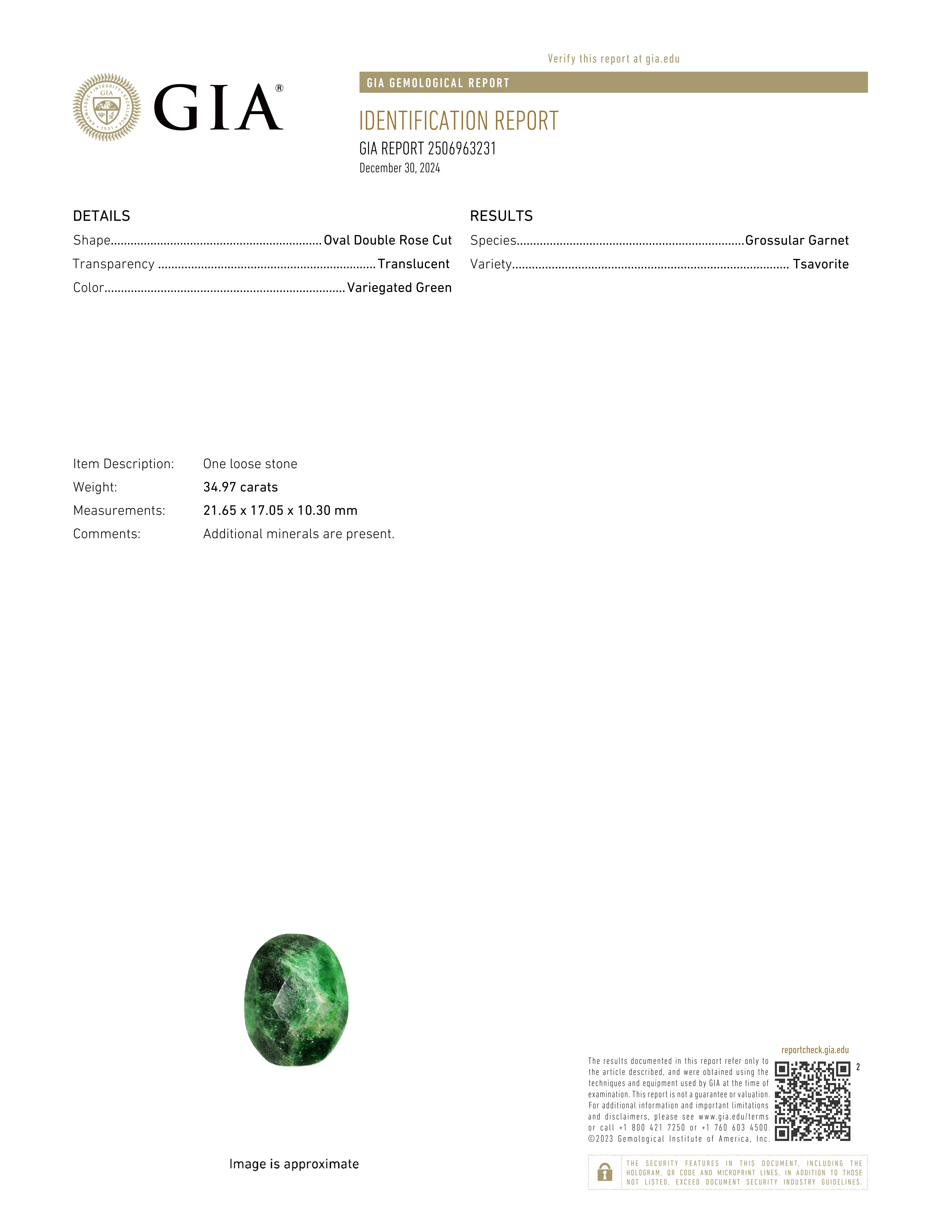 Natural Tsavorite 34.97 ct GIA # 2506963231