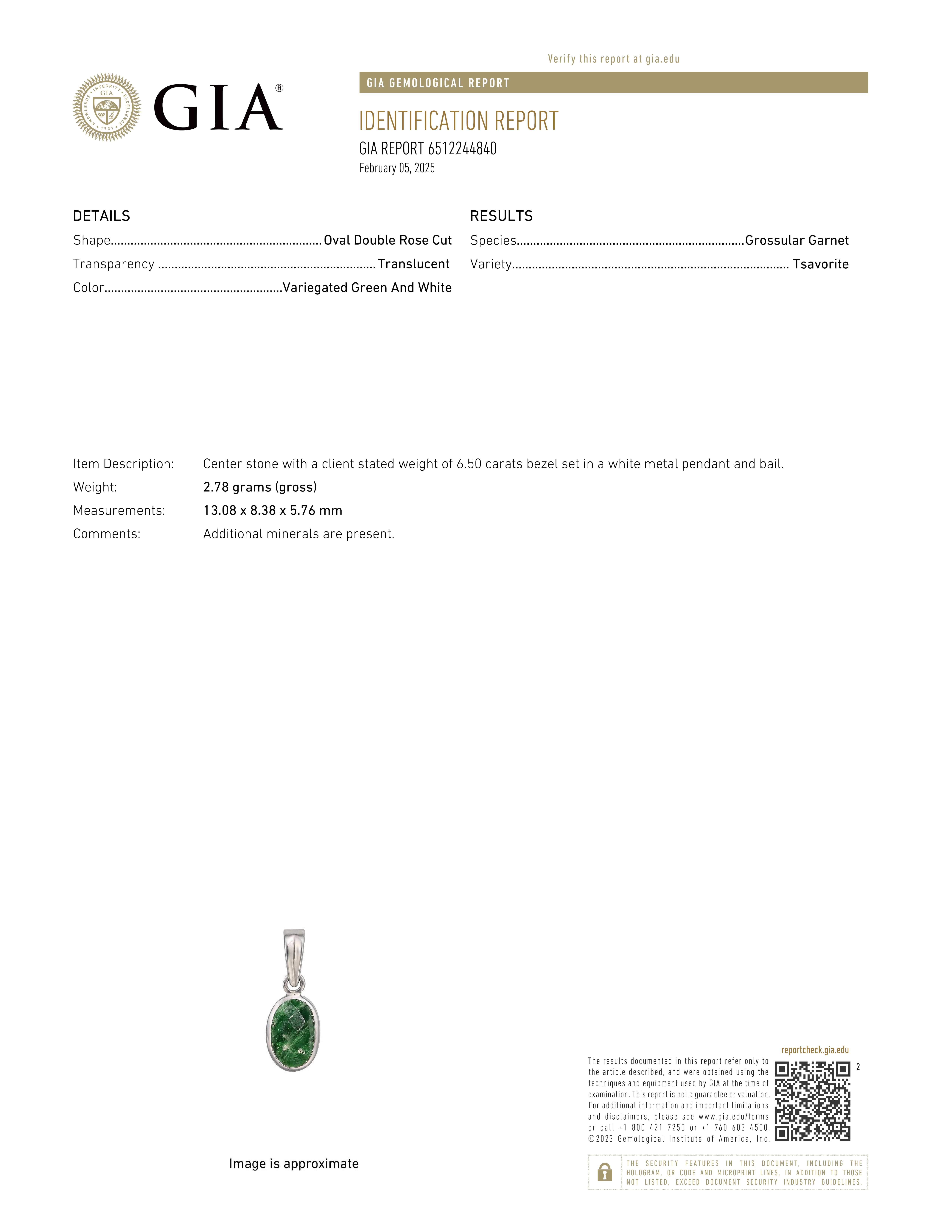 Natural Tsavorite with Silver Metal Pendent 6.50 ct GIA # 6512244840