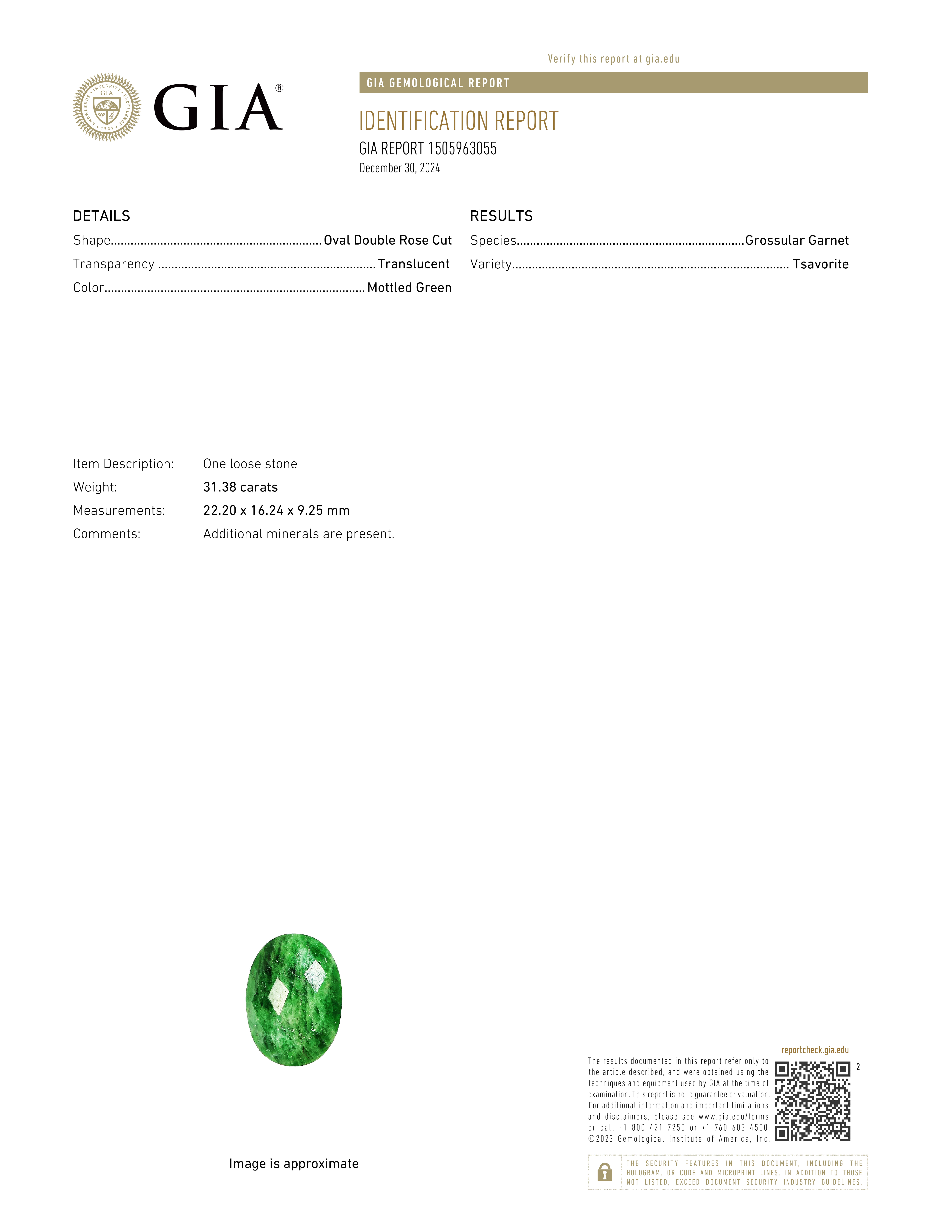 Natural Tsavorite 31.38 ct GIA # 1505963055